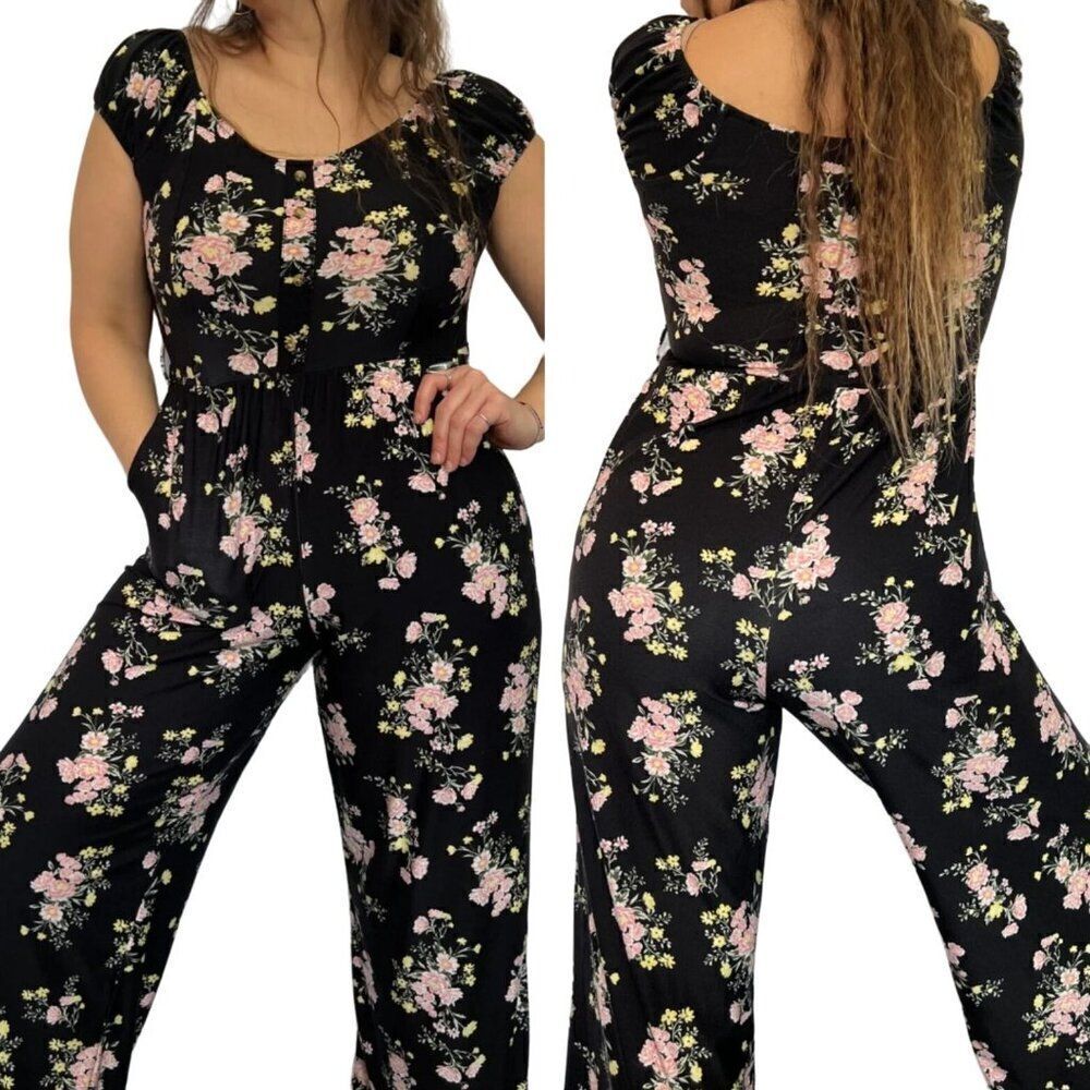 No Boundaries Off Shoulder Wide Leg Jumpsuit 3X Black Pink Floral Pockets Casual